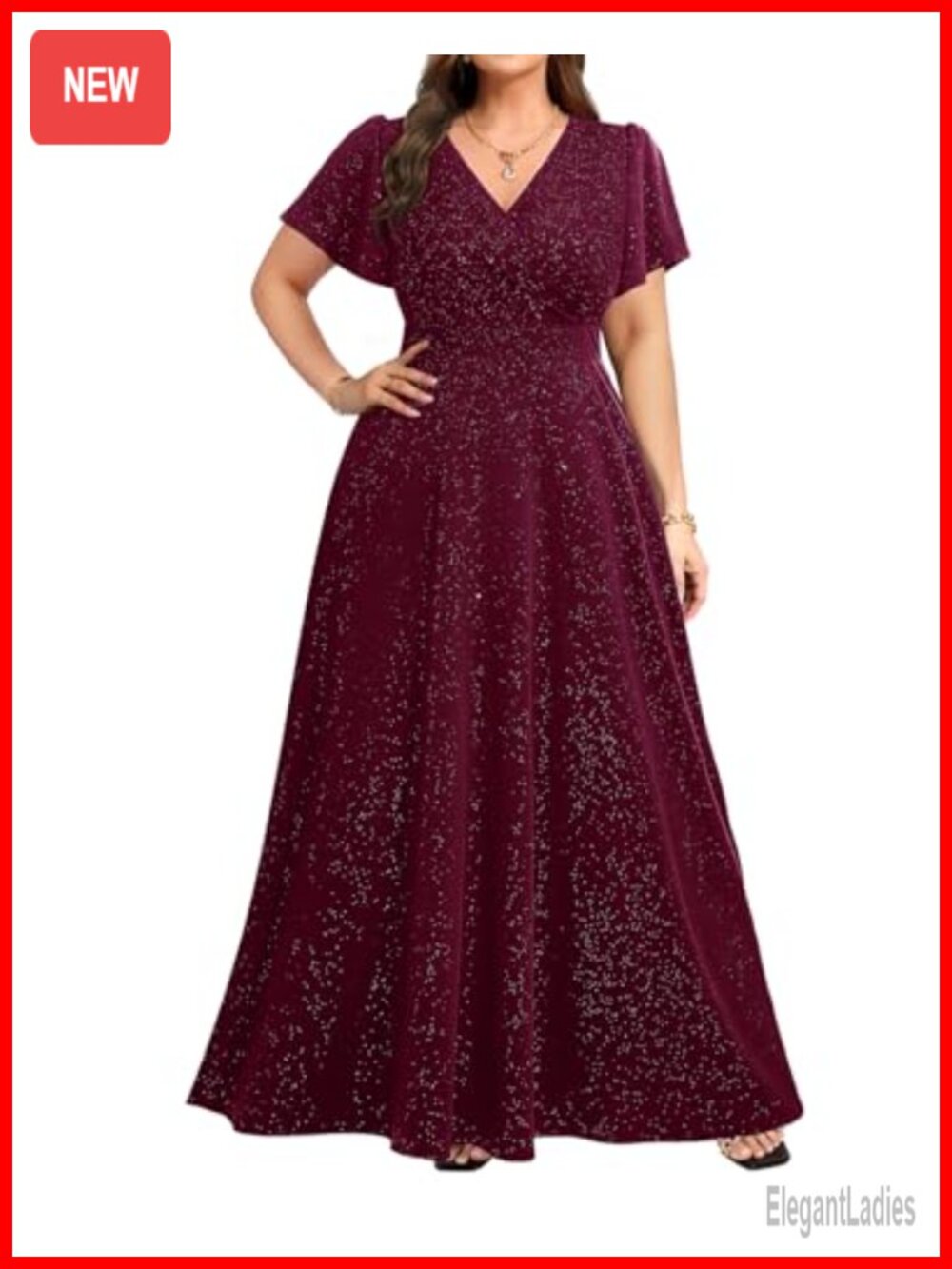 Plus Size Formal Evening Gown Glitter A-Line Ruffle Sleeve Long Dress